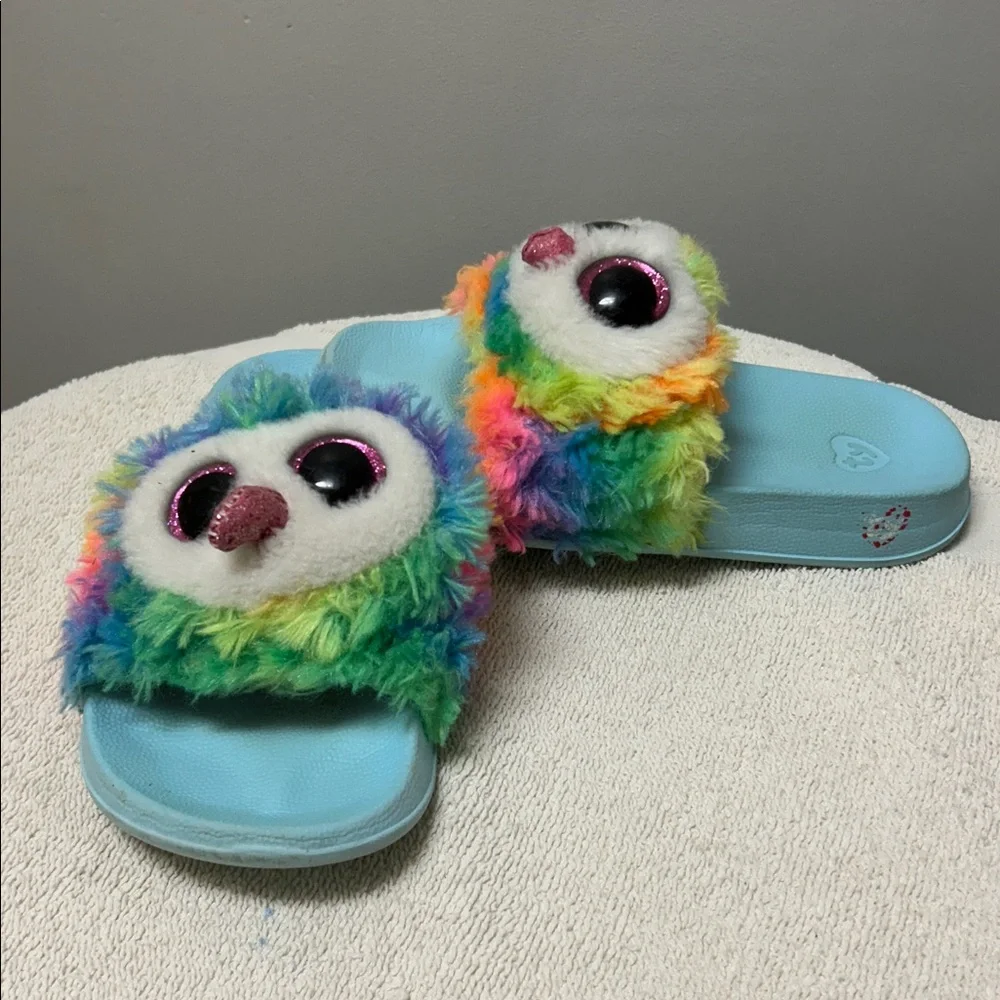 Ty Owl Owen plush colorful rainbow Kids slipOn plush Slide Sandals size 11-13